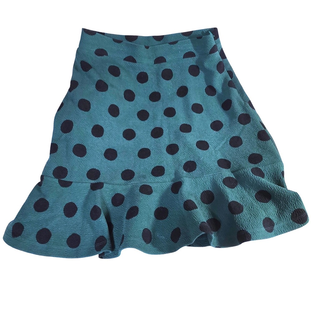 XS Anthropologie Maeve green skirt black polka dots mini swing skirt lined zip